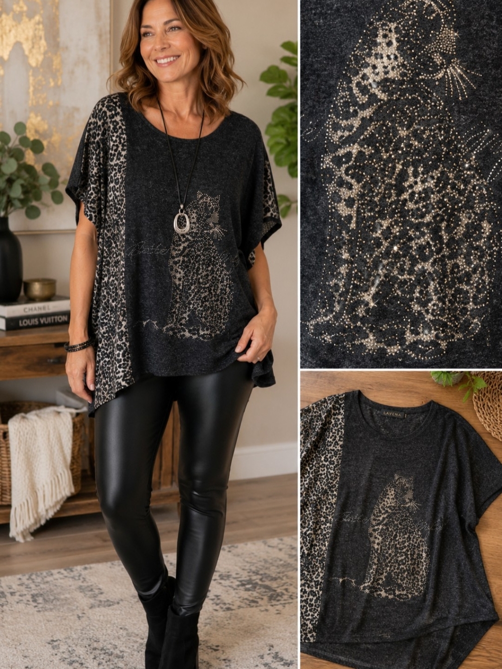 Lavena S/M Black & Cream Rhinestone Tunic Top
